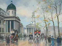 Untitled (City street scene) by Roland Davies, oil on canvas (unstretched), sold Feb 2021