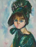 Portrait of girl in bonnet by Rita Asfour, oil on canvas (unstretched), sold Feb 2021
