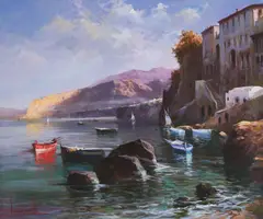 Blue & Red Boats in the Cove by Claudio Simonetti, oil on canvas (unstretched), sold Feb 2021