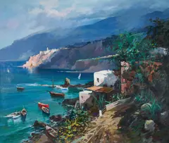 Jeweled Waters by Claudio Simonetti, oil on canvas (unstretched), sold Feb 2021