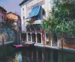 Romantic Balcony in Venice by Claudio Simonetti, oil on canvas (unstretched), sold Feb 2021