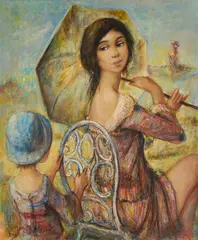 Mother And Child At Beach by Jacques Lalande, oil on canvas (unstretched), sold Feb 2021