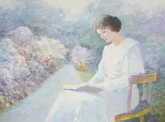 Moment of Serenity in the Garden by Lawrence, oil on canvas (unstretched), sold Feb 2021