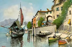 Village Marina by Kerry Hallam, oil on canvas (unstretched), sold Feb 2021