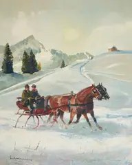 Sleigh In Snow by Ludwig Gschossmann, oil on canvas (unstretched), sold Feb 2021