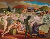 Gods Visit The Self Portraitist (Flora, Amor, Bacchus And Faun) by Donald Friend, c.1970-75, oil on canvas-board, offered Oct 2013