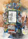 Self Portrait In A Carved Mirror by Donald Friend, 1972, pen, ink, watercolour and gouache on paper, sold Oct 2013