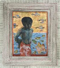 The Lagoon by Donald Friend, c.1975, pen, ink, gouache, gold leaf on paper The flat surrounding timber frame was made by Attilio and decorated by the artist., sold Oct 2013