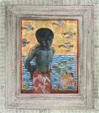 The Lagoon by Donald Friend, c.1975, pen, ink, gouache, gold leaf on paper The flat surrounding timber frame was made by Attilio and decorated by the artist., sold Oct 2013