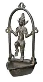 Bali by Hanging Lamp, bronze, tear-drop shaped oil lamp burner with an arch-shaped armature frame supporting the figure of a male deity with o, sold Oct 2013