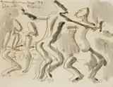 Village Dancers, Lagos, Nigeria by Donald Friend, 1939, ink and wash on paper, sold Oct 2013