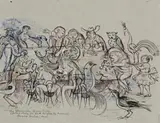 The Abominable Dinner Party (Study For ‘Earth Imagined By Martians’) by Donald Friend, c.1977, ink and gouache on paper, sold Oct 2013