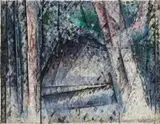 Trees And Mountain, Moonlight by Godfrey Miller, 1957-62, oil, pen and ink on canvas, sold Aug 2013