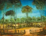Draughting Yards by Pro Hart, oil on canvas on board, sold Aug 2013
