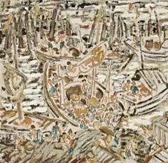 Boats At Soochow Creek by Ian Fairweather, 1938, oil and pencil on paper on cardboard, sold Apr 2013