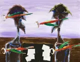 Gamblers And Parrots by Albert Tucker, 1968, synthetic polymer paint on composition board, offered Apr 2013