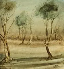 Landscape by Pro Hart, c.1968, oil on composition board, offered Apr 2013