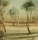 Landscape by Pro Hart, c.1968, oil on composition board, offered Apr 2013