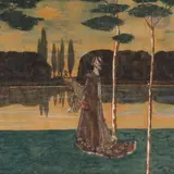 Élégante et paon au bord du lac by Abel Landry, Aquarelle, sold Oct 2024