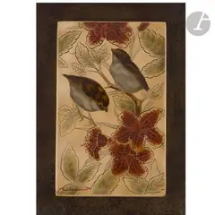 Moineaux perchés sur des lys rouges by Gaston Suisse, Panneau décoratif, sold Oct 2024