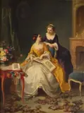 Deux élégantes dans un salon feuilletant un album by Alexandre Couder, Panneau, sold Jun 2021