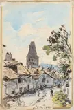 Charrette, plaine de Bièvre, environs de la Côte Saint-André (recto) Rue et clocher à La Côte Saint-André (verso) by Johan Jongkind, 1880, Aquarelle et fusain, rehaussé à la gouache sur papier au verso :, sold Apr 2021
