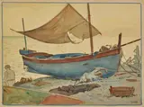 Bateau de pêche sur le rivage by Tony Minartz, Aquarelle, sold Apr 2021