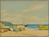 Barques et paysage montagneux by Tony Minartz, Aquarelle, sold Apr 2021