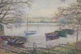 Barques au mouillage, près des Andelys by Hugues-Claude Pissarro, Pastel, sold Apr 2021