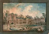 Vue des dépendances de l'ancien château d'Arcueil animées de personnages by Hubert Robert, 1776, Plume, aquarelle, sold Jun 2018