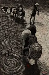 Bords de rizières by Thanh Le, Panneau en laque noire à décor incrusté à la coquille d'oeuf, sold Dec 2020