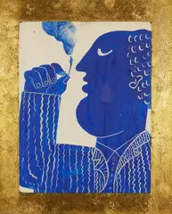 Profil d'homme fumeur d'opium by Alekos Fassianos, Gouache sur isorel accolée sur fond doré à la feuille, sold Dec 2020