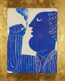 Profil d'homme fumeur d'opium by Alekos Fassianos, Gouache sur isorel accolée sur fond doré à la feuille, sold Dec 2020