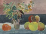 Nature morte aux pommes et bouquet de fleurs by Esther Carp, Aquarelle sur papier, sold Jan 2023