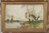 Paysage au cours d'eau et aux bords arborés, animé d'un barque à l'amarre et de deux personnages sur un chemin by Étienne Maxime Vallée, Aquarelle et encre sur papier, sold Jan 2023