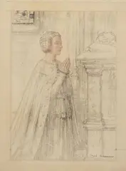 Femme en prière devant un tombeau by Edgar Maxence, Fusain et sanguine sur papier, sold Nov 2022