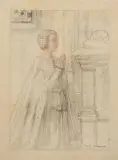 Femme en prière devant un tombeau by Edgar Maxence, Fusain et sanguine sur papier, sold Nov 2022