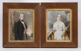 Homme en redingote, devant un arbre, dans un parc - Femme tenant un livre, accoudée à une balustrade dans un parc. 1846. Deux miniatures rectangulaires, formant by Charles J. Basebe, Aquarelle et gouache, sold Nov 2022