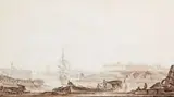 Port de Brest, Vue du fond de l'arsenal Port de Brest, vue du chenal, devant le nouveau quay aux canons by Pierre Ozanne, Crayon noir, plume et encre noire, lavis de bistre, sold Nov 2018
