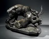 Panthère saisissant un cerf (terrasse avec profil) by Antoine-Louis Barye, Bronze à patine brune nuancée de vert Modèle non daté, sold Nov 2018