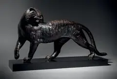 Panthère by Alexandre Kelety, Bronze à patine brune sur une base en marbre noir de Belgique, sold Nov 2018