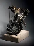 Saint Georges terrassant le dragon by Leon Perzinka, Bronze à patines brune, brun clair et mordoré, visage en os et base en pierre, sold Nov 2018
