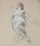 Figure drapée by Léon Riesener, Fusain estompe, sanguine et rehauts de craie blanche sur papier anciennement bleu, sold Mar 2018