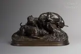 Chiens à l’arrêt près d’un terrier by Pierre-Jules Mêne, Epreuve en bronze patiné Fonte Barbedienne, sold Feb 2023
