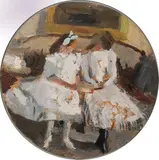 Deux fillettes assises sur le canapé du salon, Corenc by Jules Flandrin, Huile sur trait de crayon sur carton contrecollé, sold Nov 2019