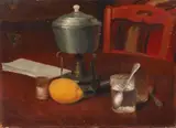 Nature morte au réchaud, verre d'eau et citron by Jules Flandrin, Huile sur carton, au dos une étude au crayon, sold Nov 2019