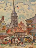 Honfleur, le clocher de l'église Sainte Catherine, jour de marché by Henri de Saint-Delis, Aquarelle sur traits de crayon, sold Nov 2019