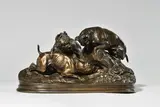 Trois chiens au terrier, chasse au lapin by Pierre-Jules Mêne, Epreuve ancienne en bronze à patine brun nuancé, sold Jun 2025