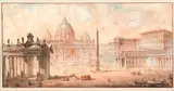 La place Saint Pierre de Rome by Louis Jean Desprez, Plume et encre noire, lavis gris et brun, aquarelle et rehauts de blanc(piqûres et tâches), sold Jun 2017