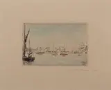 Vue du Port d'Ostende by James Ensor, 1888, Eau forte sur papier ordinaire rehaussée à l'aquarelle, sold Jun 2017